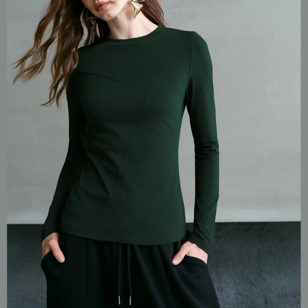 Dark Green Asymmetric Seam Round Neck Long Sleeve Slim Fit Tee